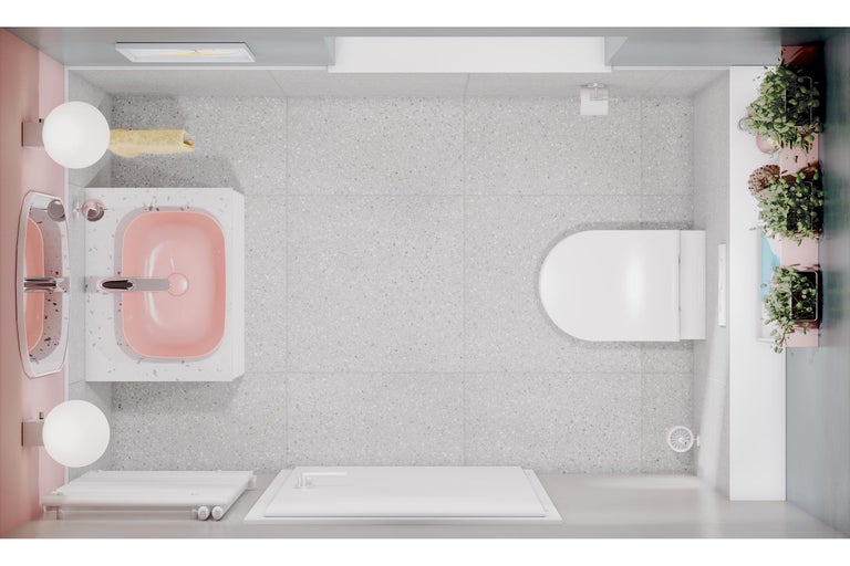 Ansicht von oben auf ein Badezimmer mit Waschbecken, Toilette und Dusche