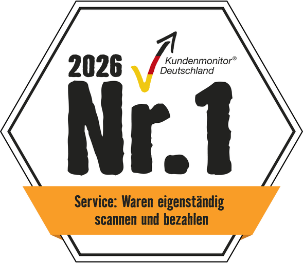 Icon Auszeichnung Kundenmonitor Deutschland 2026: Nummer 1 für das eigenständige Scannen und Bezahlen von Waren.