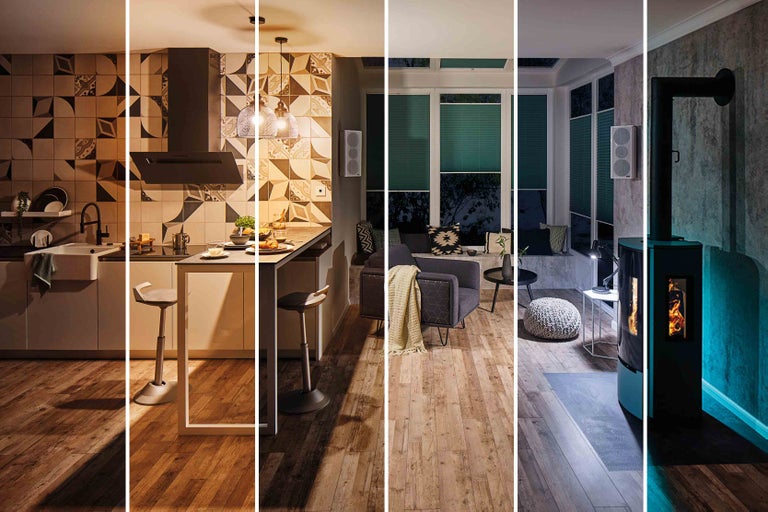 Verschiedene Raumansichten mit Küchenbereich, Wohnbereich mit Fenster und Kaminofen