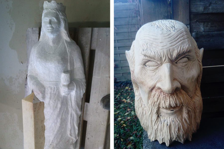 Abbildung zweier Holzskulpturen: eine Frau mit Krone und ein bärtiger Mann