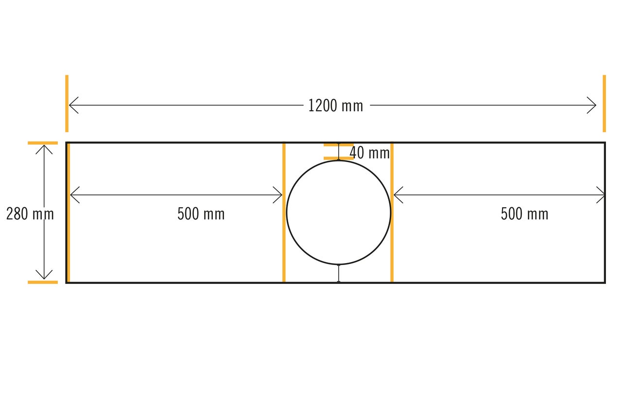 Schematische Darstellung eines Werkstücks mit den Maßen 1200 mm Länge und 280 mm Höhe sowie einer runden Aussparung
