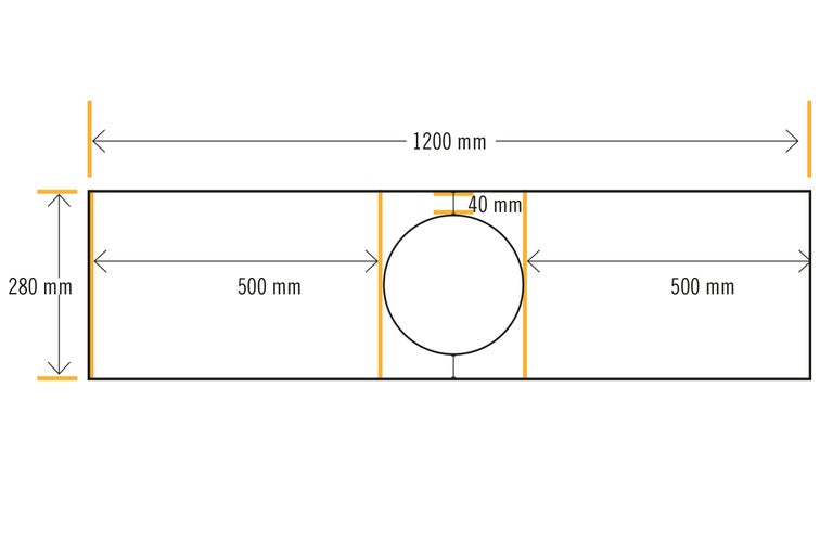 Schematische Darstellung eines Werkstücks mit den Maßen 1200 mm Länge und 280 mm Höhe sowie einer runden Aussparung