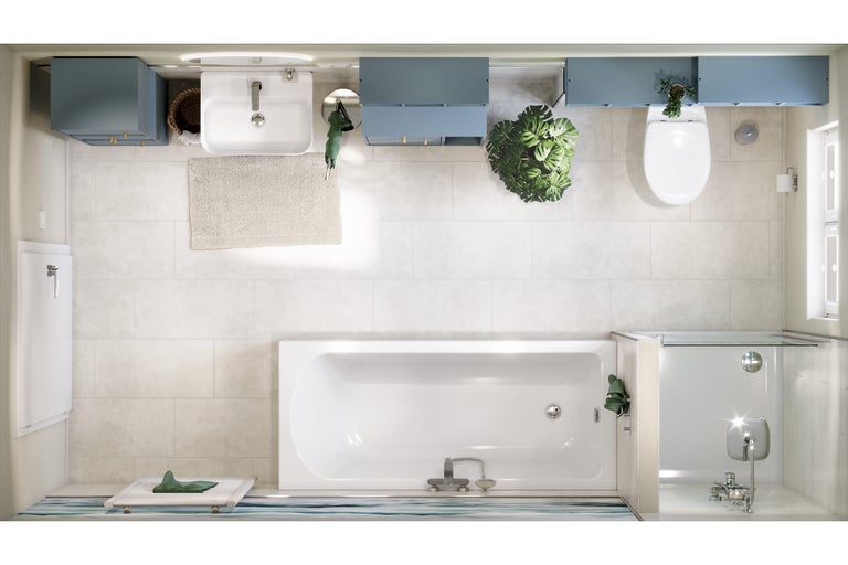 Badezimmer mit Badewanne, Waschbecken, Toilette und blauen Schränken in der Aufsicht