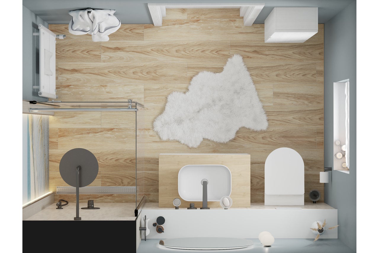 Badezimmeransicht von oben mit Dusche, Waschbecken, Toilette und Holzfußboden