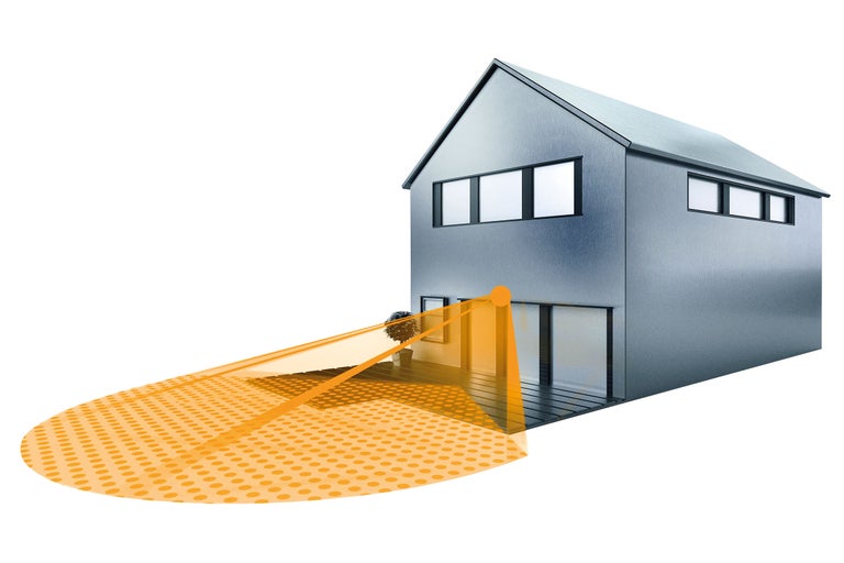 Illustration eines Hauses mit Erfassungsbereich eines Bewegungsmelders