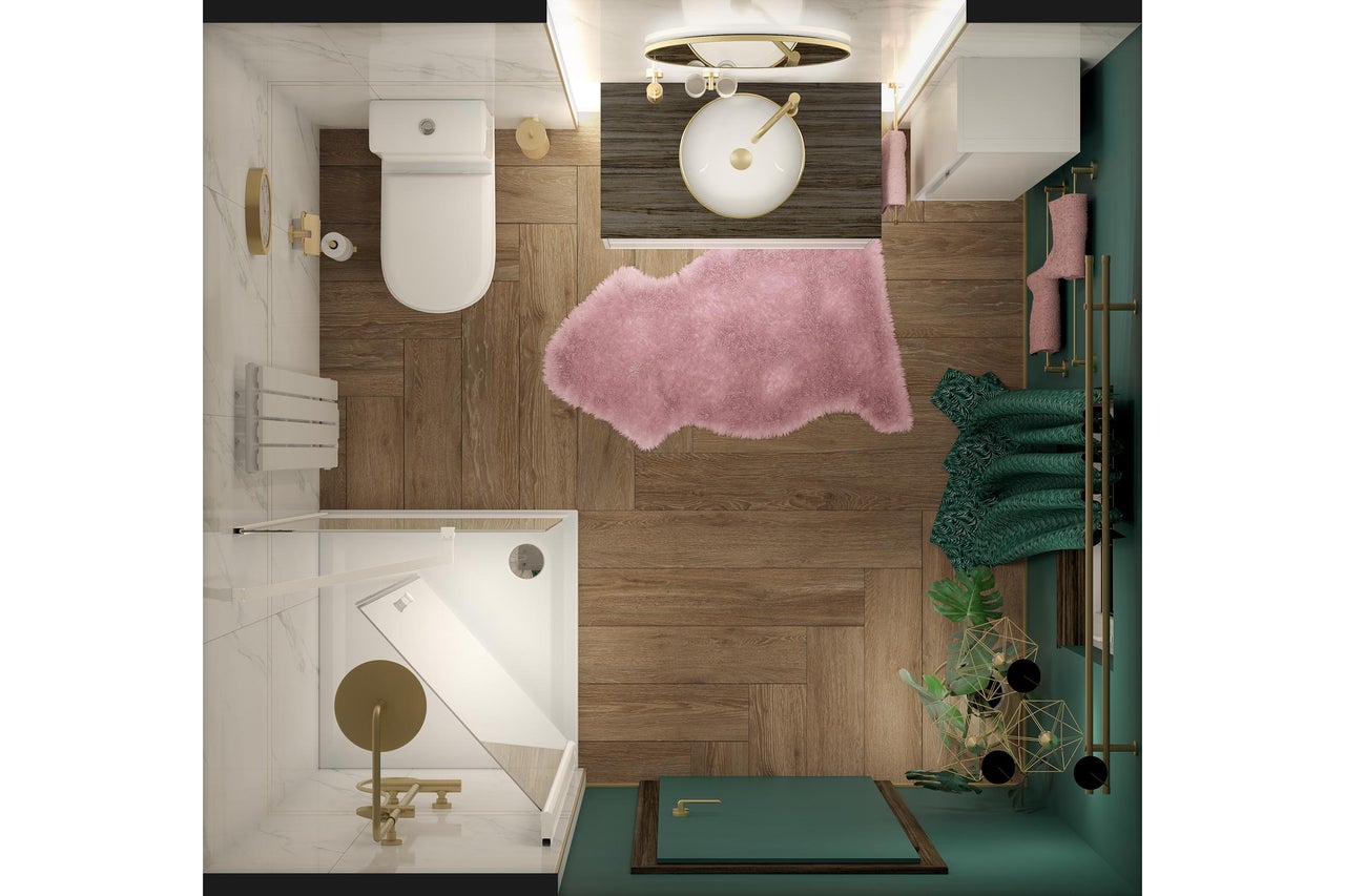 Ansicht von oben eines Badezimmers mit Dusche, Toilette, Waschtisch und Accessoires