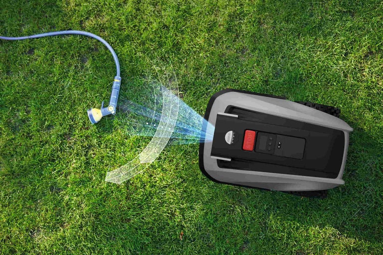 Rasenfläche mit Rasenmäherroboter und Gartenschlauch