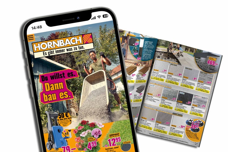 Hornbach Logo auf Smartphone Display mit Angeboten für Terrassenplatten, Kunstrasen und Hochdruckreiniger