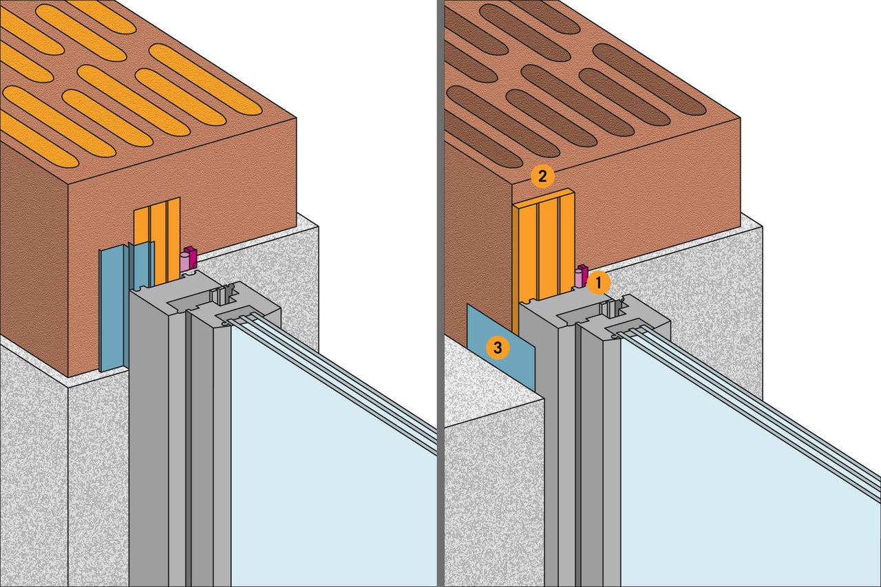 Darstellung eines Fensterrahmens mit Details zur Montage am Mauerwerk.