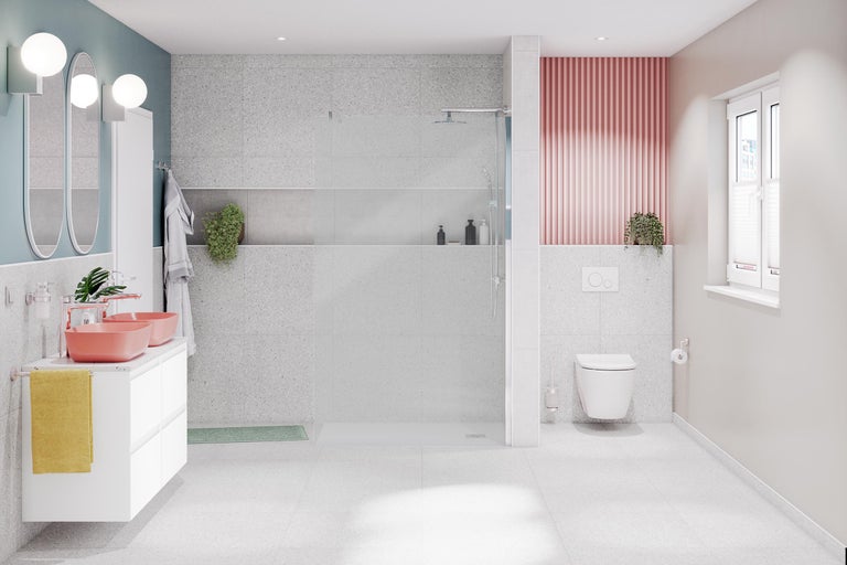 Helles Badezimmer mit Dusche, Waschtisch mit zwei Waschbecken und Toilette