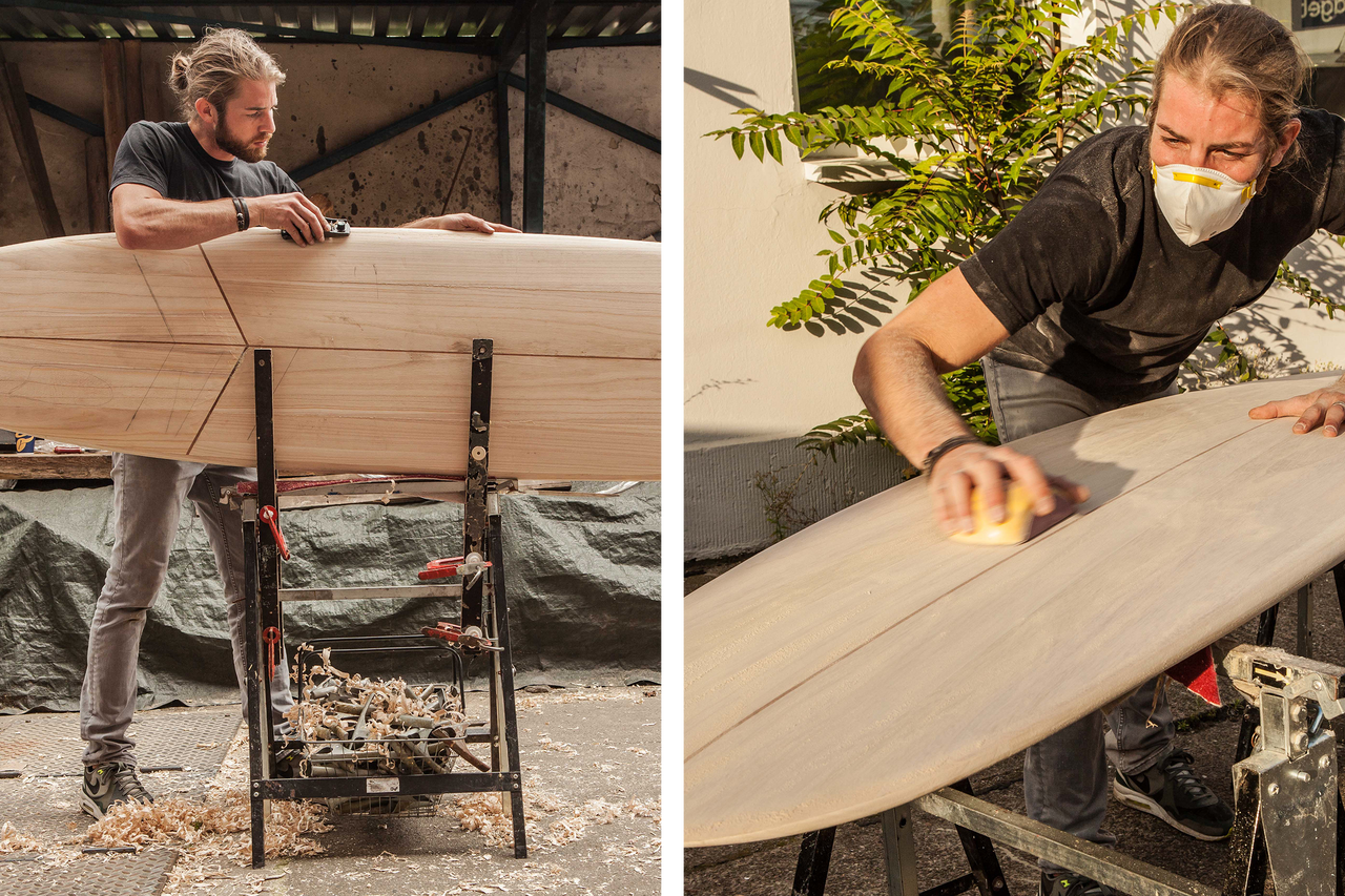 Zwei Bilder zeigen einen Mann, der ein Holzsurfbrett herstellt, zuerst mit Werkzeugen und dann mit Schleifpapier.