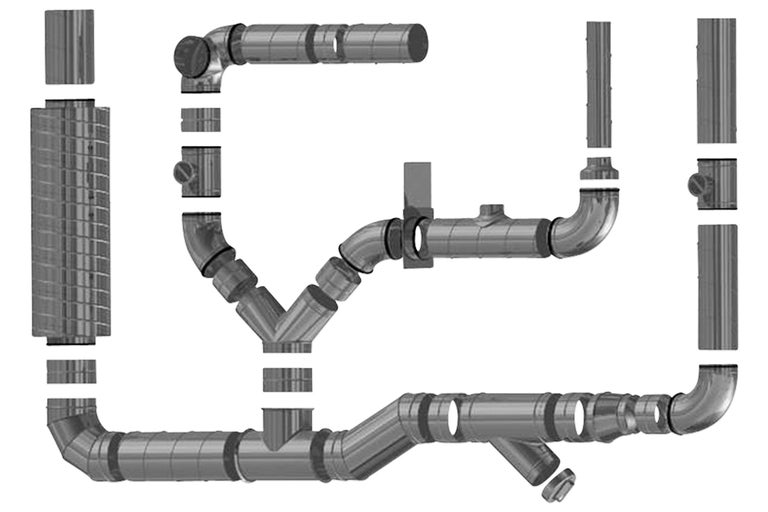 Illustration von Lüftungsrohren und Formstücken zur Installation