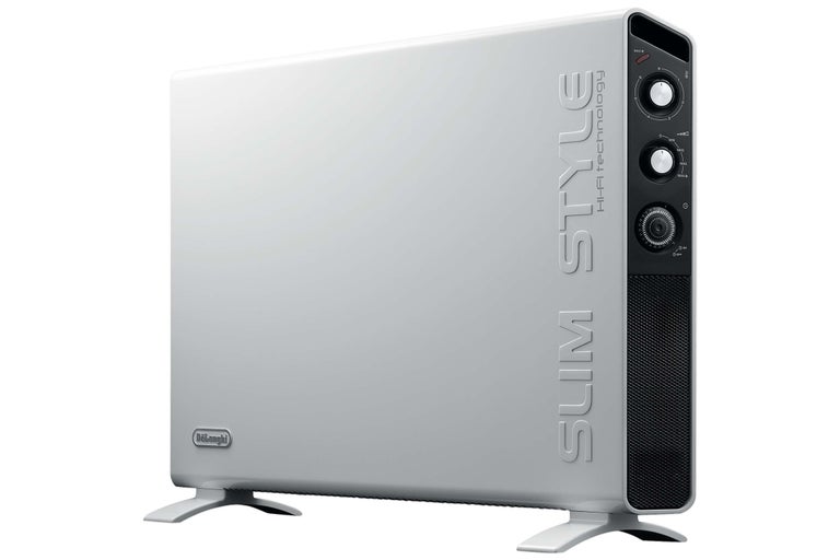 Weißer elektrischer Konvektorheizkörper mit Bedienfeld und DeLonghi Logo