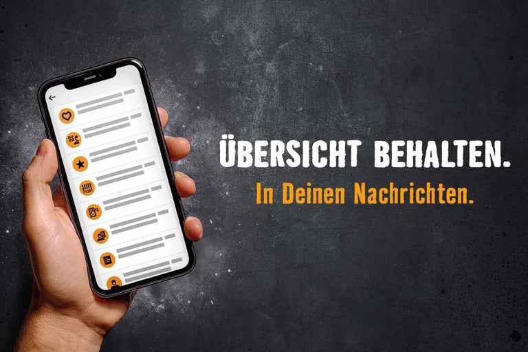 Smartphone mit verschiedenen Symbolen und Nachrichten, daneben der Text „Übersicht behalten. Mit der Nachrichtenzentrale.“