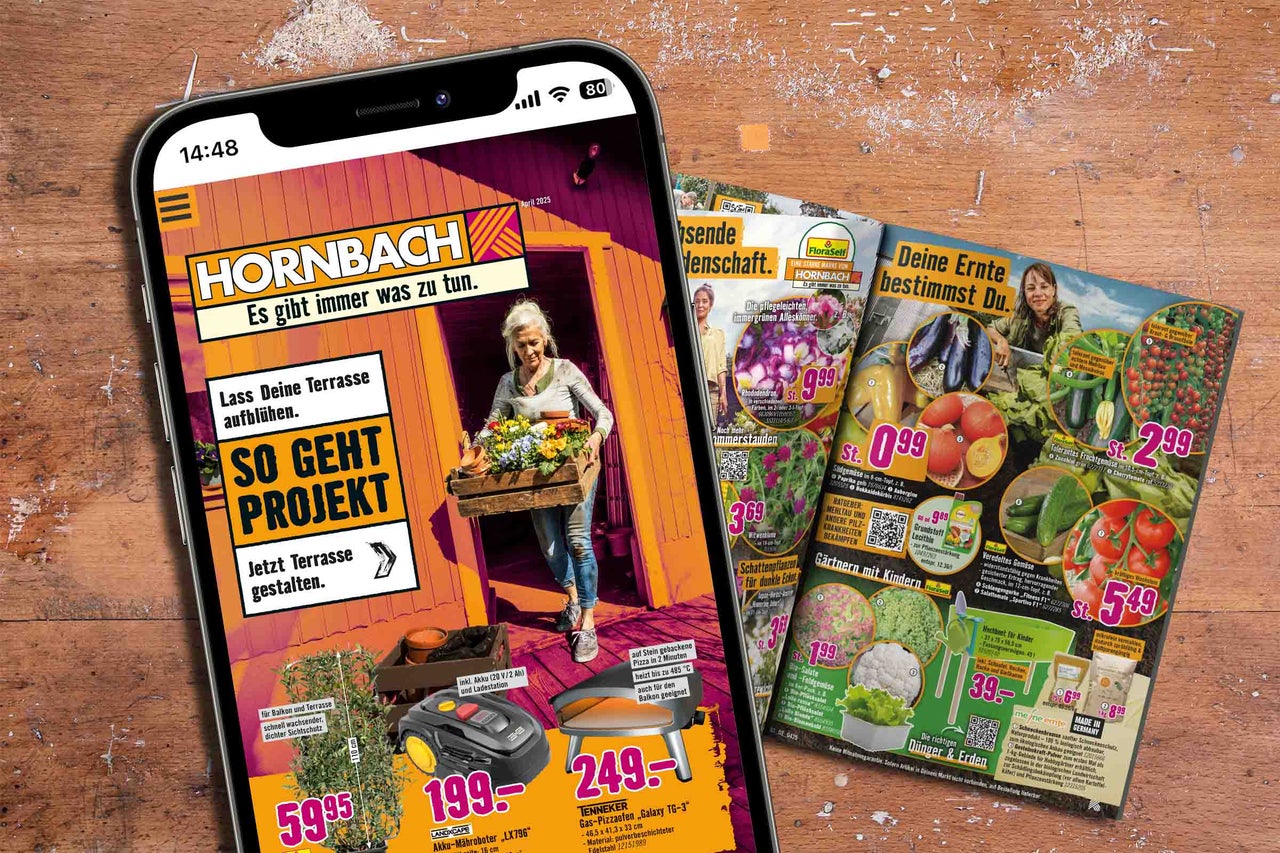 Smartphone mit Hornbach Werbung für Gartenprodukte und Terrassengestaltung, inklusive Pflanzen, Gartenmöbel und Werkzeuge.