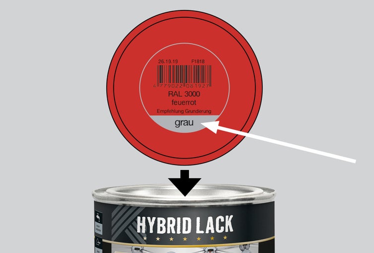 Farbdose Hybrid Lack mit Information zum Farbton Feuerrot und empfohlener Grundierung Grau