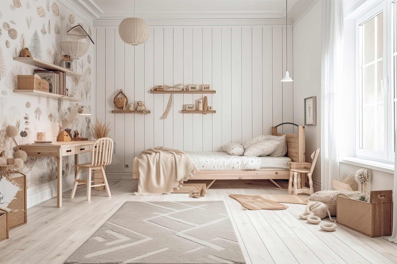 Kinderzimmer mit Holzbett, Schreibtisch und geometrischem Teppich