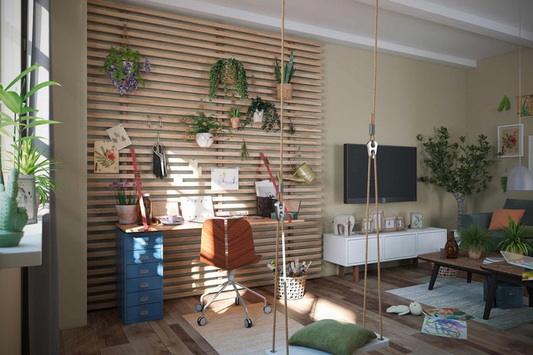 Wohnzimmer mit Schreibtisch, Schaukel und Dekorationen an einer Holzwand