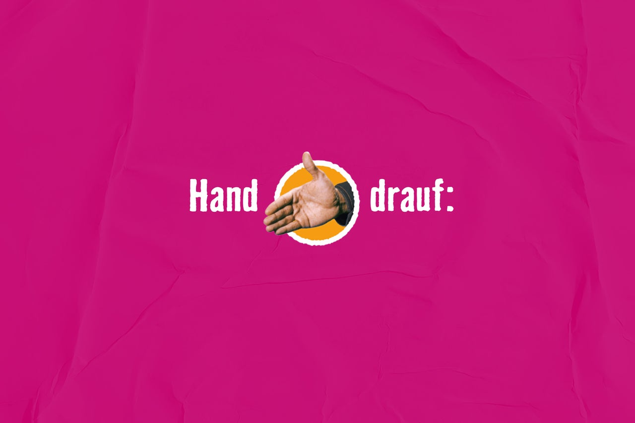 Illustration mit der Aufschrift Hand drauf und einer Hand vor orangem Hintergrund