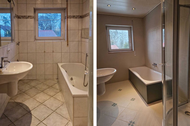 Vorher-Nachher-Vergleich eines Badezimmers mit Waschbecken, Badewanne und Fliesen