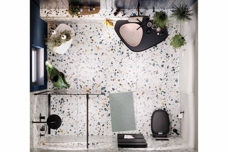Badezimmer mit Dusche, Waschtisch, Toilette und Terrazzoboden
