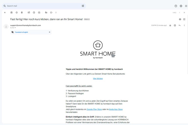 E-Mail von Smart Home by Hornbach mit Aktivierungslink