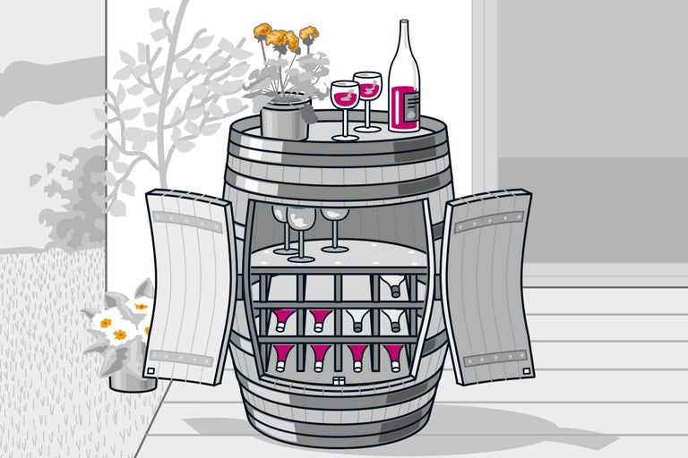 Illustration eines Weinfasses, das zum Weinregal umgebaut wurde, mit Weinflaschen, Gläsern und Blumen