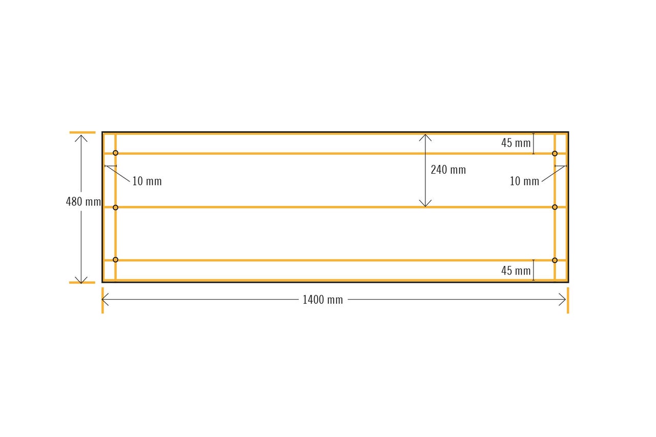Technische Zeichnung mit Maßangaben: Länge 1400 mm, Breite 480 mm, Abstand der Querträger 240 mm