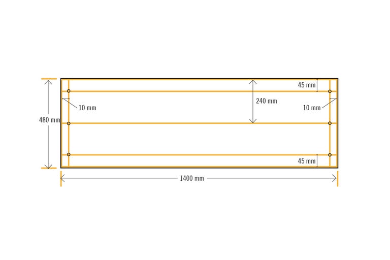 Technische Zeichnung mit Maßangaben: Länge 1400 mm, Breite 480 mm, Abstand der Querträger 240 mm