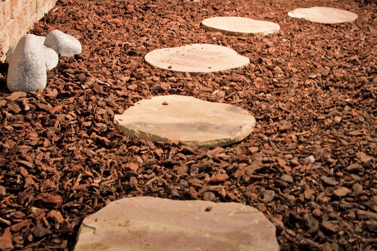Szene mit Gartenweg aus Trittsteinen und Rindenmulch