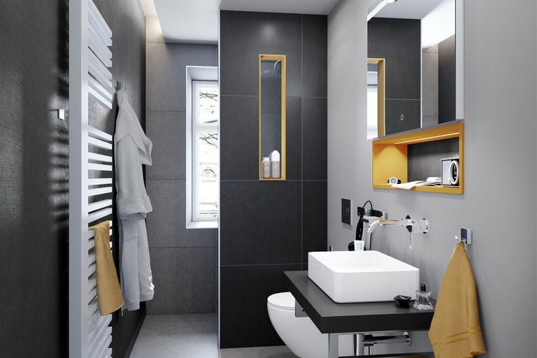 Modernes Badezimmer mit Waschbecken, Toilette, Handtuchheizkörper und Spiegel