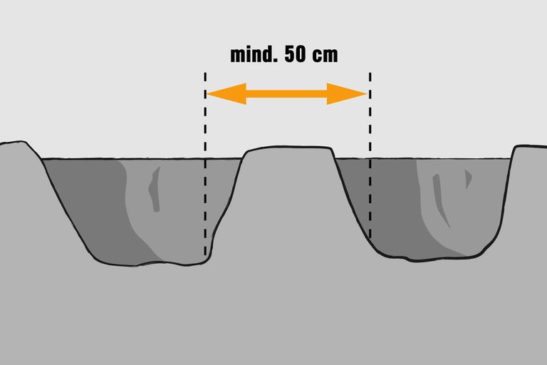 Illustration zweier Pflanzlöcher, mit einem Mindestabstand von 50 Zentimetern