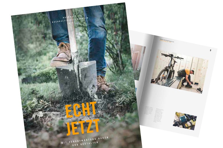 Hornbach Nachhaltigkeitsmagazin 2019 mit einem Bild von einer Person, die einen Spaten in die Erde sticht.