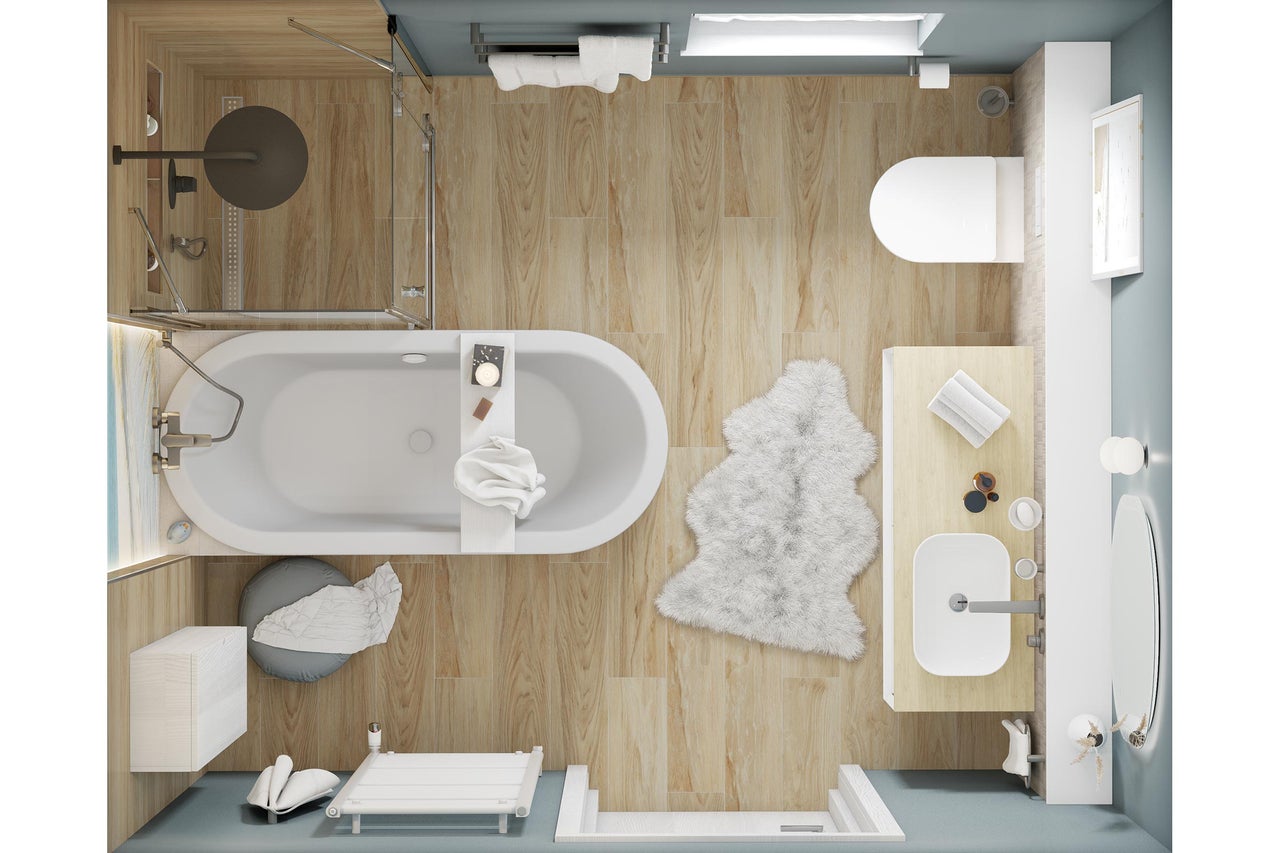 Draufsicht eines Badezimmers mit Dusche, Badewanne, Toilette und Waschtisch.