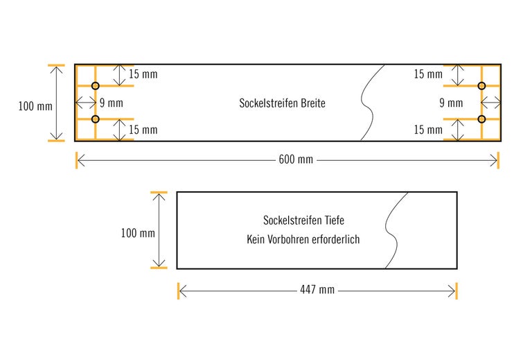 Skizze Sockelleiste mit Maßangaben zu Breite, Tiefe und Bohrlöchern