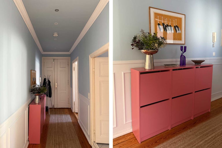 Flur mit Schuhschrank, Dekoration und Holzboden