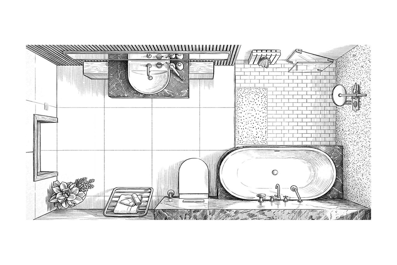 Draufsicht Badezimmer mit Waschbecken, Toilette und Badewanne