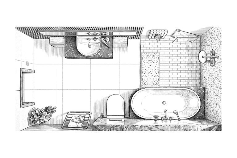 Draufsicht Badezimmer mit Waschbecken, Toilette und Badewanne