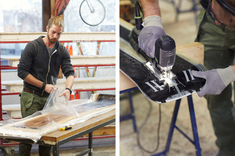 Zwei Handwerker bei der Arbeit: Einer entfernt die Schutzfolie von Holz, der andere sägt mit einer Stichsäge.