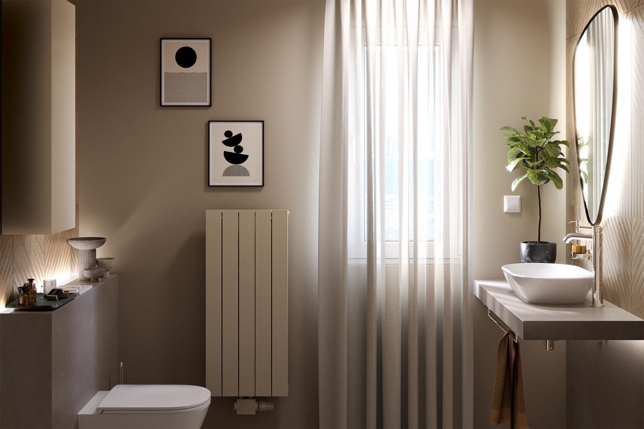 Modernes Badezimmer mit Waschbecken, Heizkörper, Spiegel und Dekoration