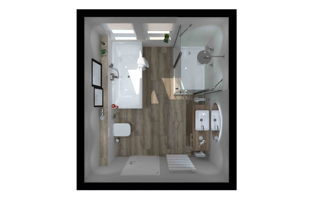 Draufsicht eines Badezimmers mit Badewanne, Dusche, Toilette und Waschtisch
