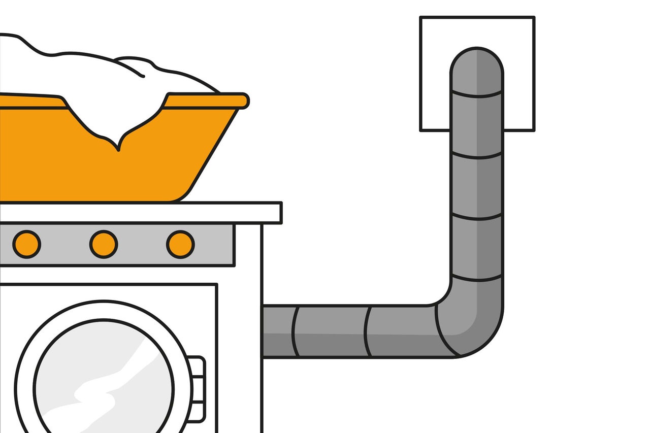 Illustration einer Waschmaschine mit Wäschekorb und Abluftschlauch