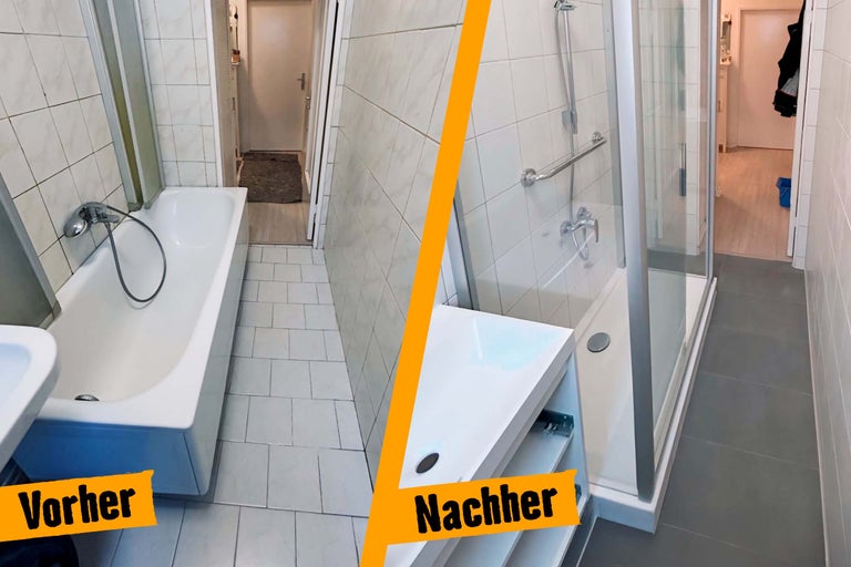 Vorher-Nachher-Vergleich eines Badezimmers mit Badewanne, Dusche und Waschbecken