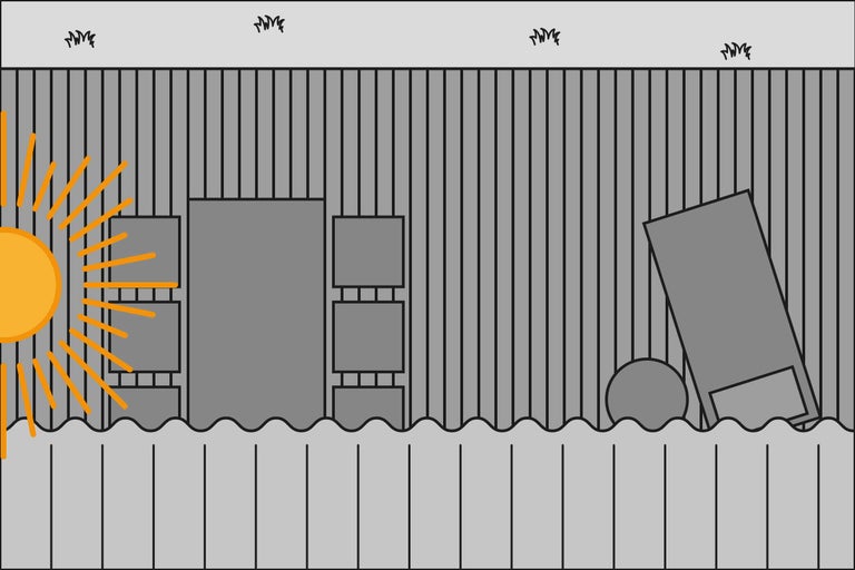 Draufsicht einer Terasse mit Gartenmöbeln und Sonne im Osten.