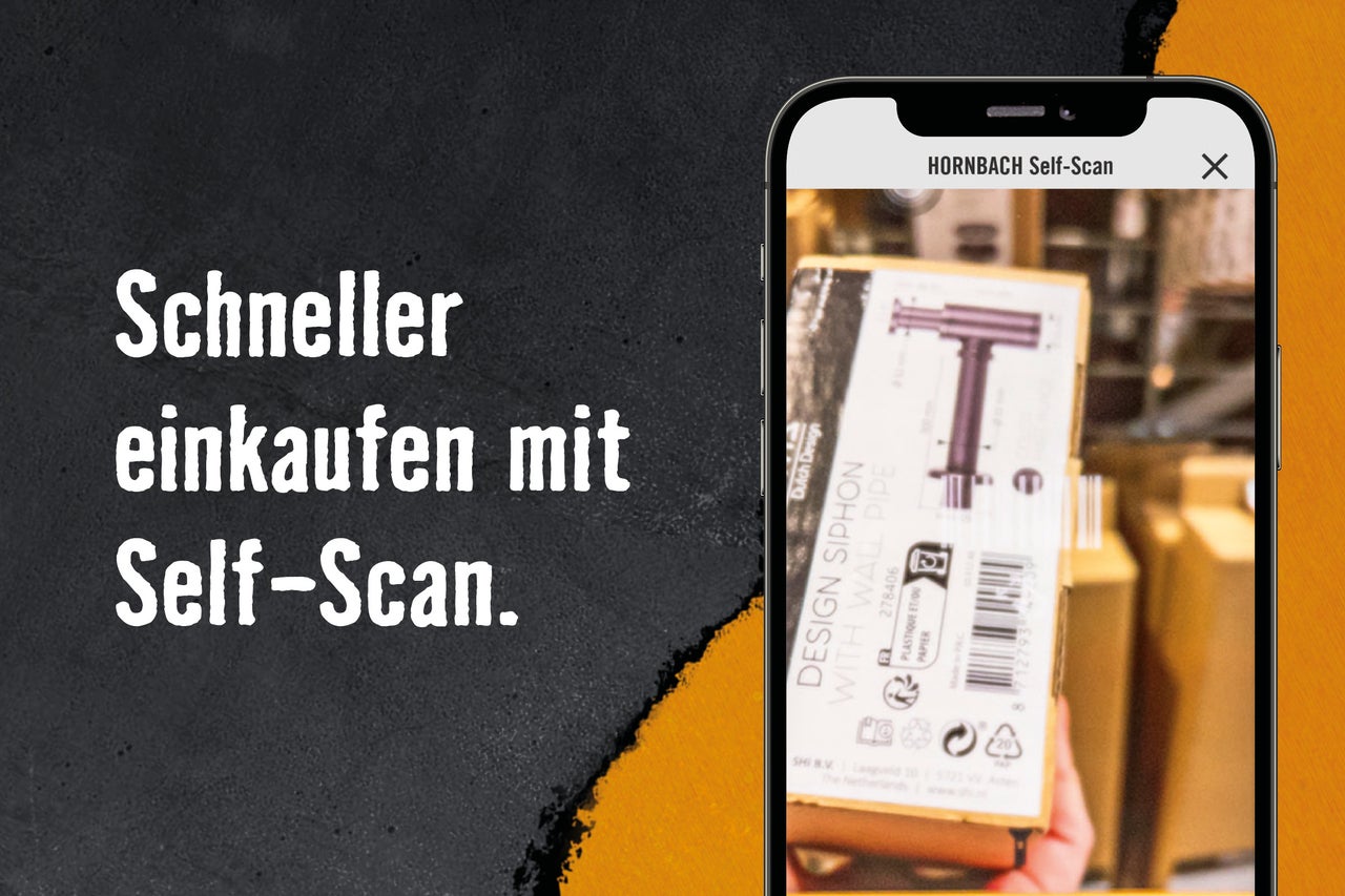Smartphone-Display mit Anzeige der Hornbach Self-Scan Funktion und Produktverpackung