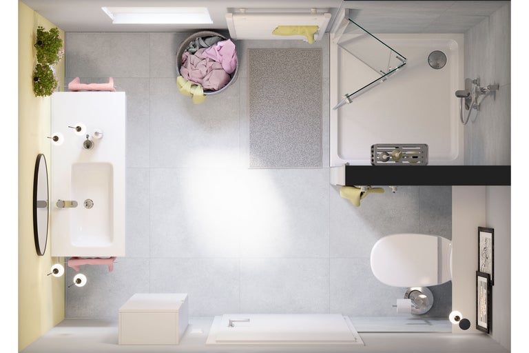 Ansicht von oben eines Badezimmers mit Waschbecken, Dusche, Toilette und Wäschekorb