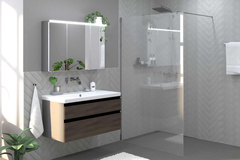 Modernes Badezimmer mit Waschbeckenunterschrank, Spiegelschrank mit Beleuchtung und Duschkabine