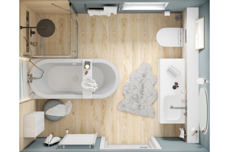 Draufsicht auf ein modernes Badezimmer mit Holzoptik-Boden, freistehender Badewanne, Dusche, Waschtisch und WC in hellem, organisiertem Design.