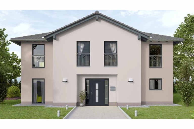 Abbildung eines modernen Einfamilienhauses mit grauer Haustür, Fenstern und Dach