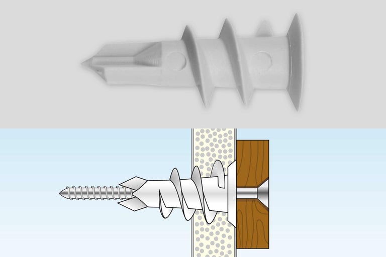 Kunststoffspreizdübel mit Schraube und Schemazeichnung